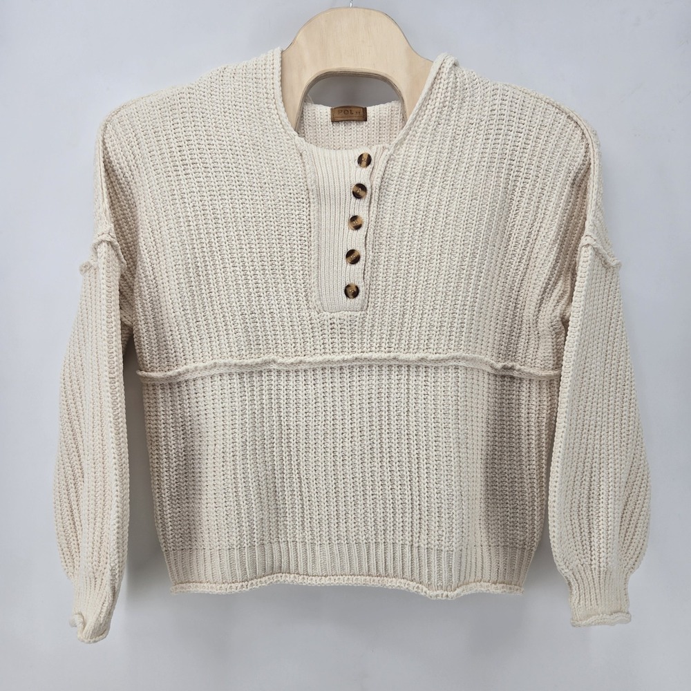 POL Hooded Pullover Sweater Women's M Cream Boho Cozy Cottage Coastal Cable Knit